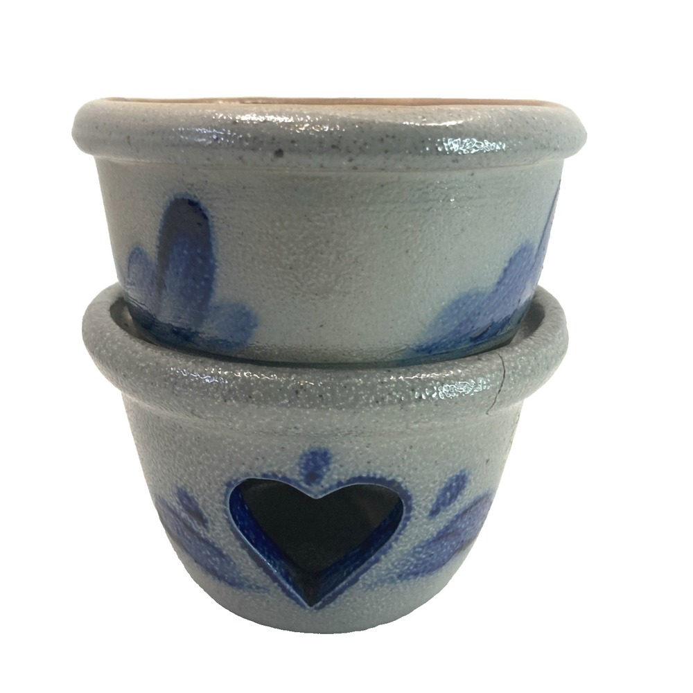 Vtg Rowe Pottery Works Warmer 2 Piece Wax Food 1987 Salt Glaze Heart Cutout‎